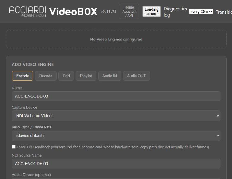 Panel de control web de VideoBOX: cada trabajo (Encode, Decode, Grid, Playlist, Audio) se crea y se maneja desde el navegador.